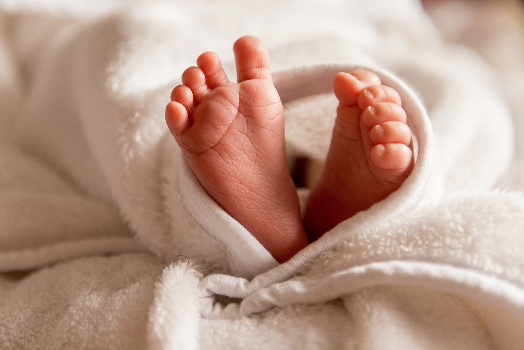 Bare feet of a newborn baby in warm white blanket